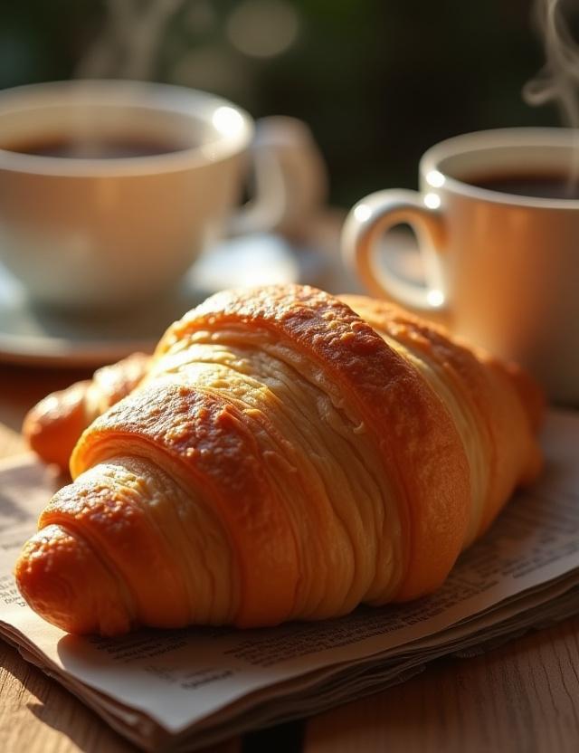 Un croissant doré servi avec un café fumant