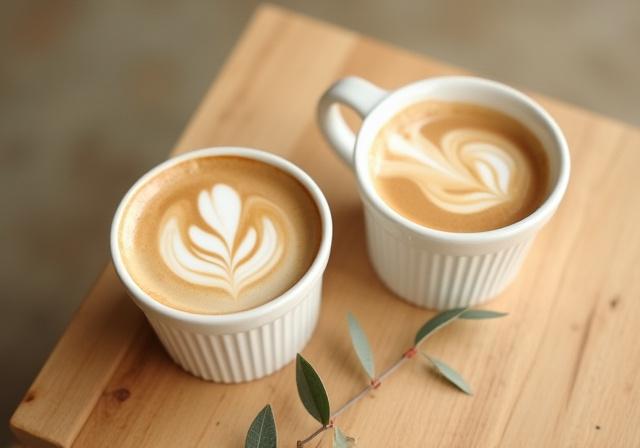 Deux tasses de café posées sur une table en bois naturel